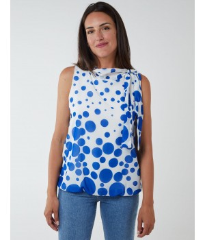 Sleeveless Polka Dot Top With Tie Neck