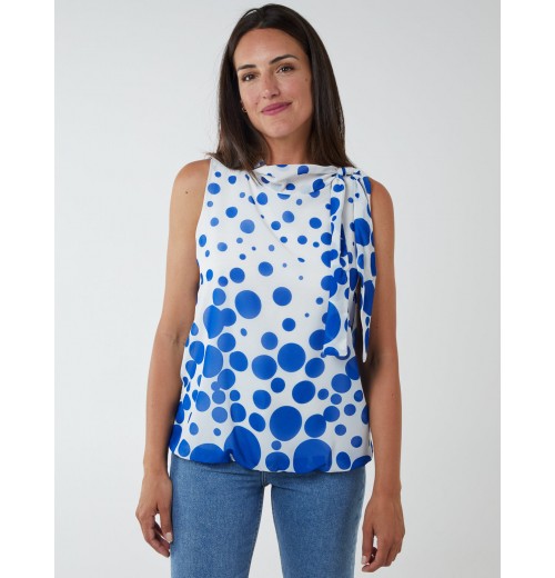 Sleeveless Polka Dot Top With Tie Neck