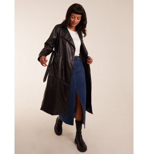 Faux Leather Belted Trench Coat