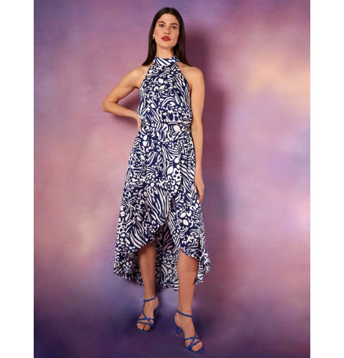 Abstract Print Halter Neck Midi Wrap Dress