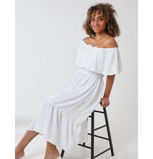 Ruffle Bardot Midi Dress