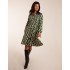 Geometric Print Shirred Bust Long Sleeve Shirt Dress