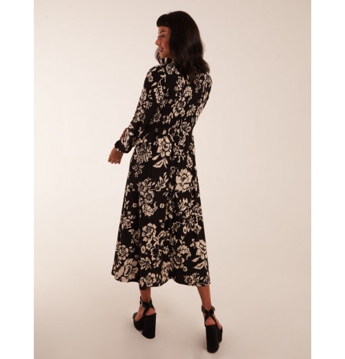 Shirred Bust Long Sleeve Midi Shirt Dress