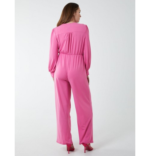 Elasticated Waist Crossover Long Sleeve Jumpsuit