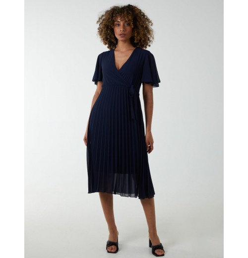 Wrap Tie Pleated Crossover Dress