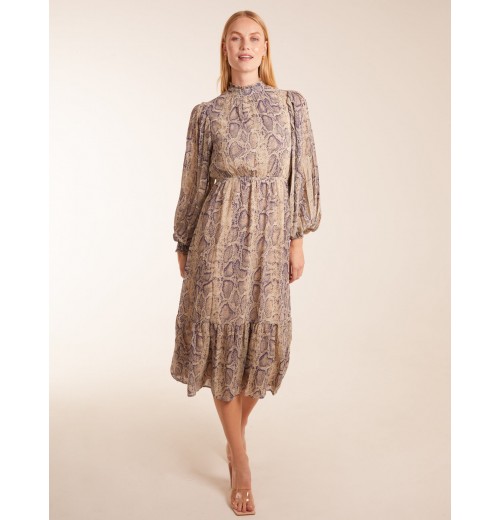 High Neck Pleated Sleeve Reptile Midi Dress